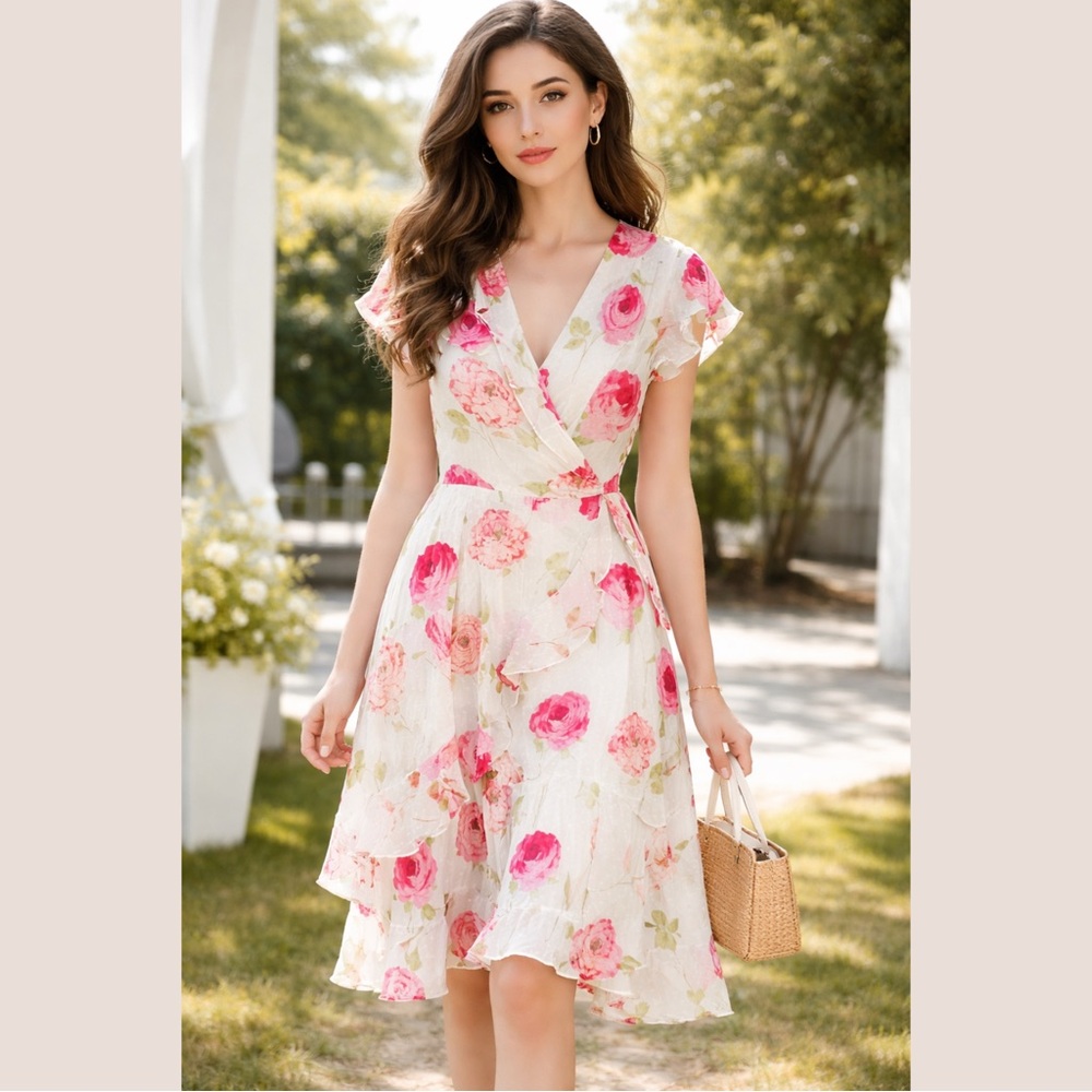 Maison Tara Pink and White Floral Midi Dress